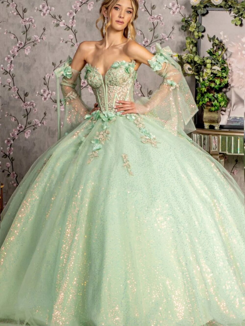 NEW LONG FORMAL FLORAL QUINCEANERA DRESS WITH ILLUSION SWEETHEART NECK GL3486